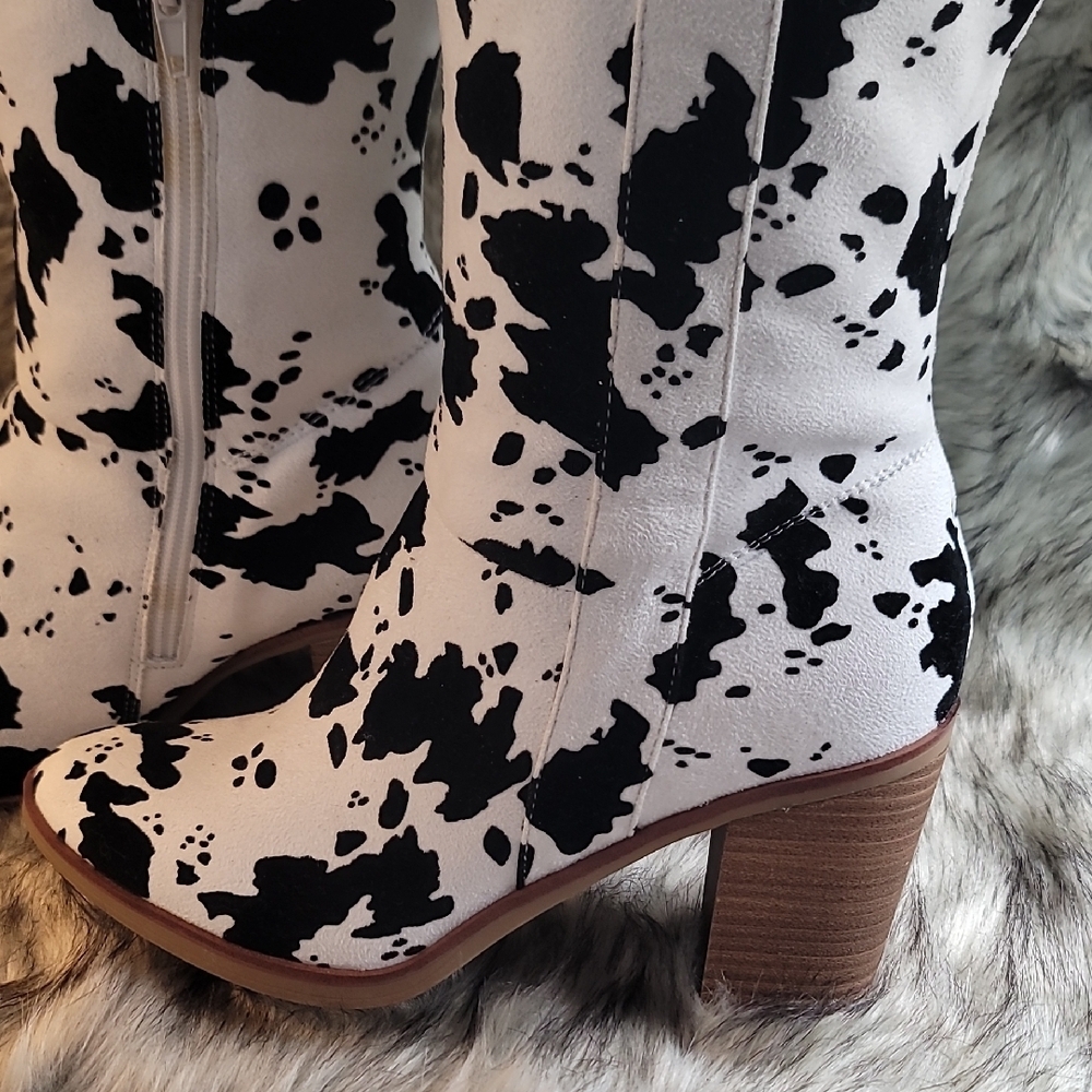 Altar'd State Black and White  Cow Patterned Heeled Boots - Picture 7 of 16